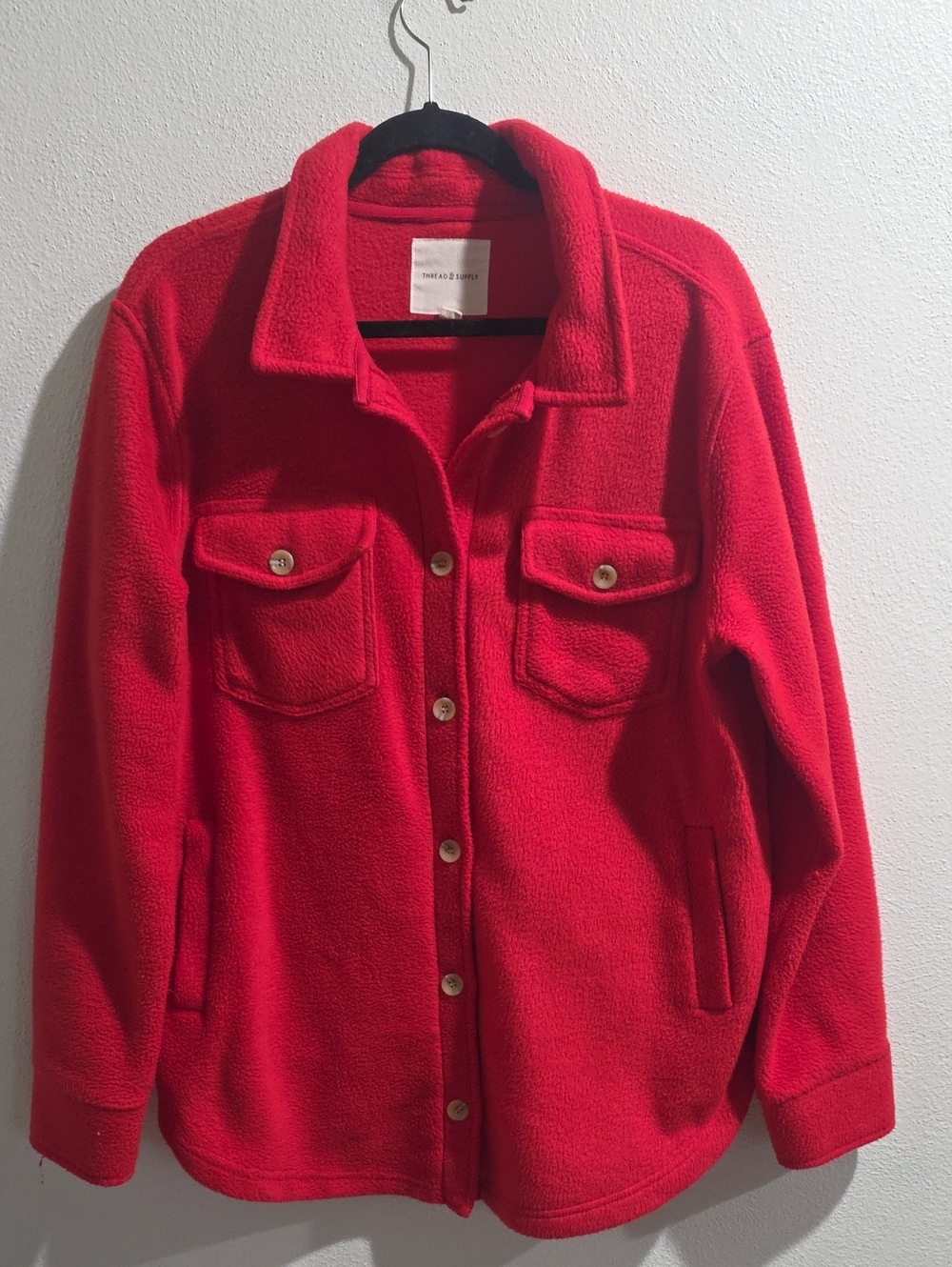 Thread & Supply Red Fleece Shacket With Pockets
